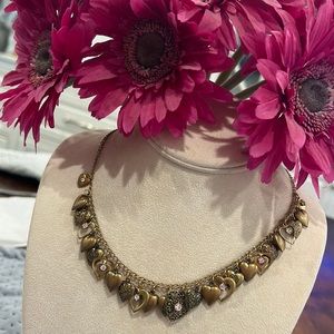 Vintage Glass Works Studio Antiqued Gold Hearts & Crystals Necklace-Boutique
